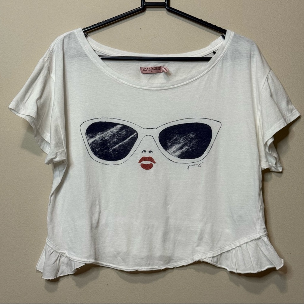Juicy Couture White Cropped Tee with Sunglasses Graphic